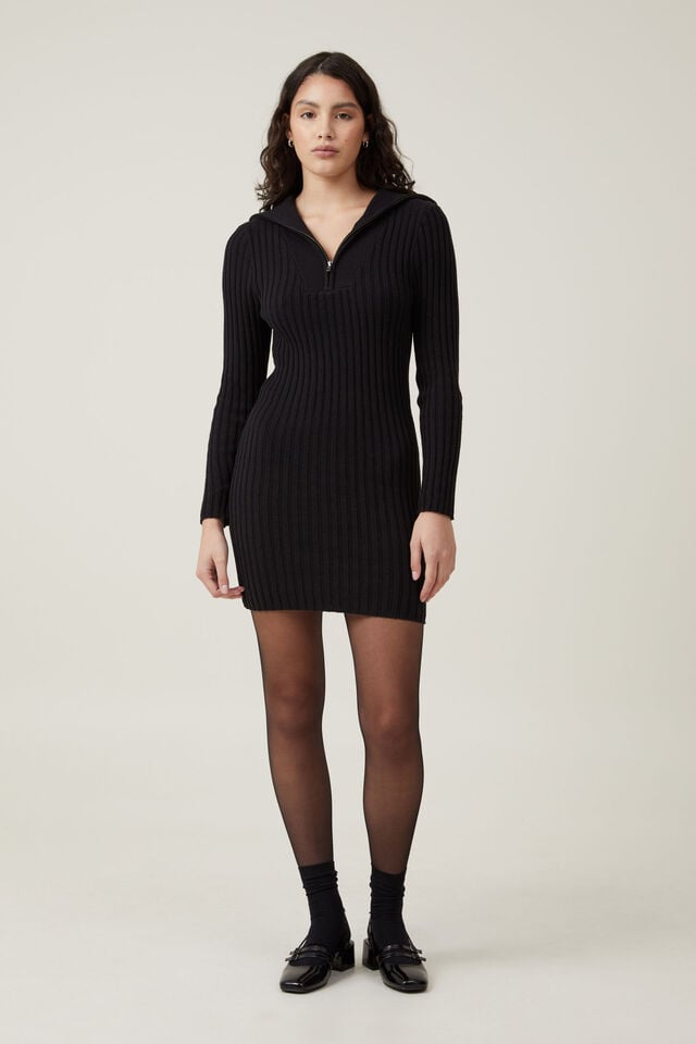 1/4 Zip Cable Knit Mini Dress, BLACK