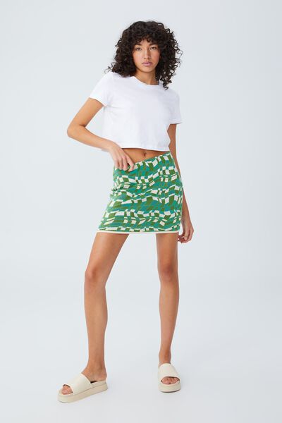 Intarsia Knit Mini Skirt, NINA CHECKERBOARD CAMPER GREEN
