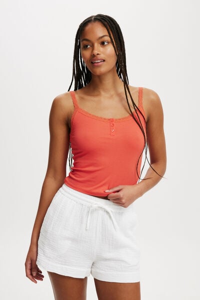 Mabel Henley Lace Trim Tank, CORAL CRUSH