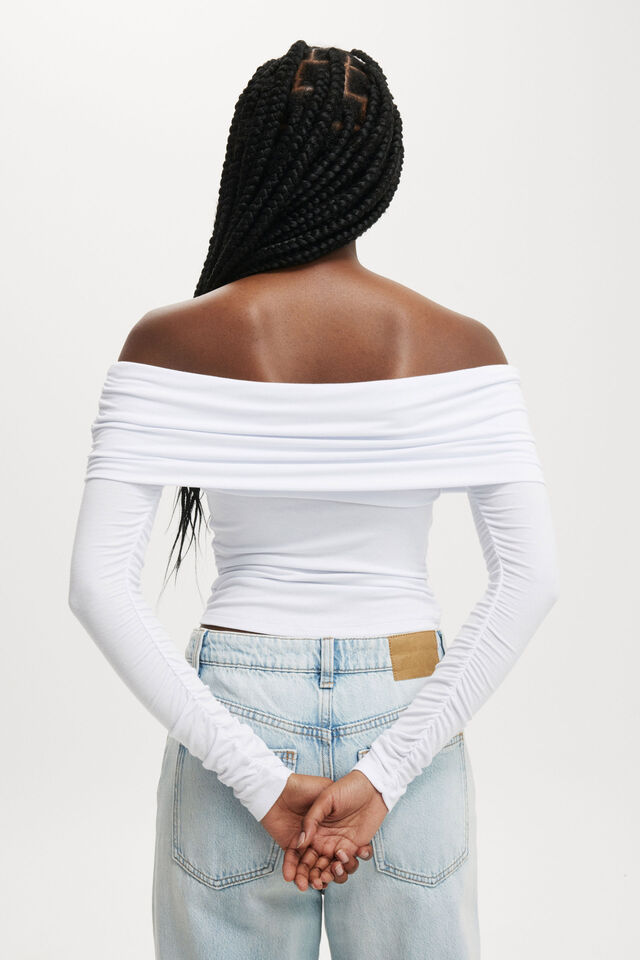 Rhi Gathered Off The Shoulder Long Sleeve, WHITE