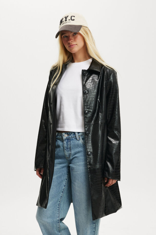 Croc Faux Leather Longline Jacket, BLACK
