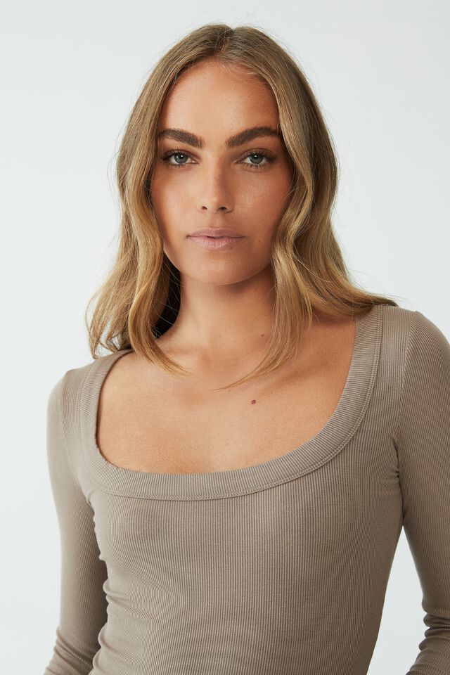Staple Rib Scoop Neck Long Sleeve Top, RICH TAUPE