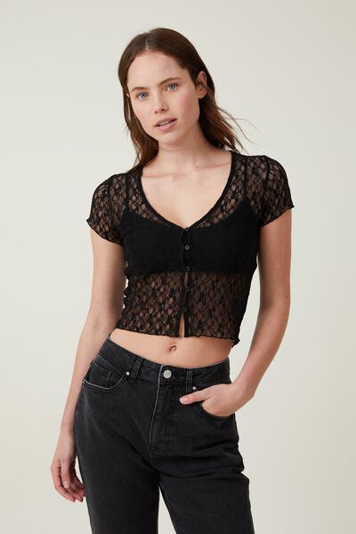 Zoey Cap Sleeve Lace Top, BLACK