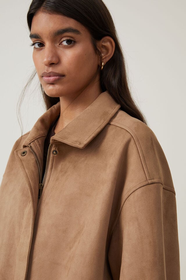Faux Suede Bomber Jacket, TAN
