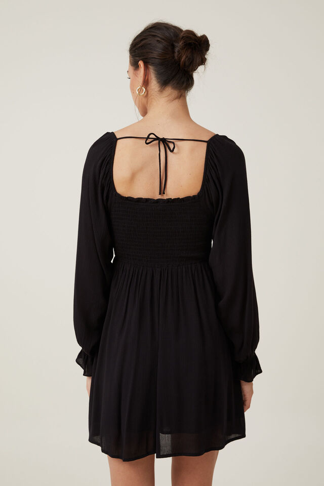 Mai Shirred Mini Dress, BLACK