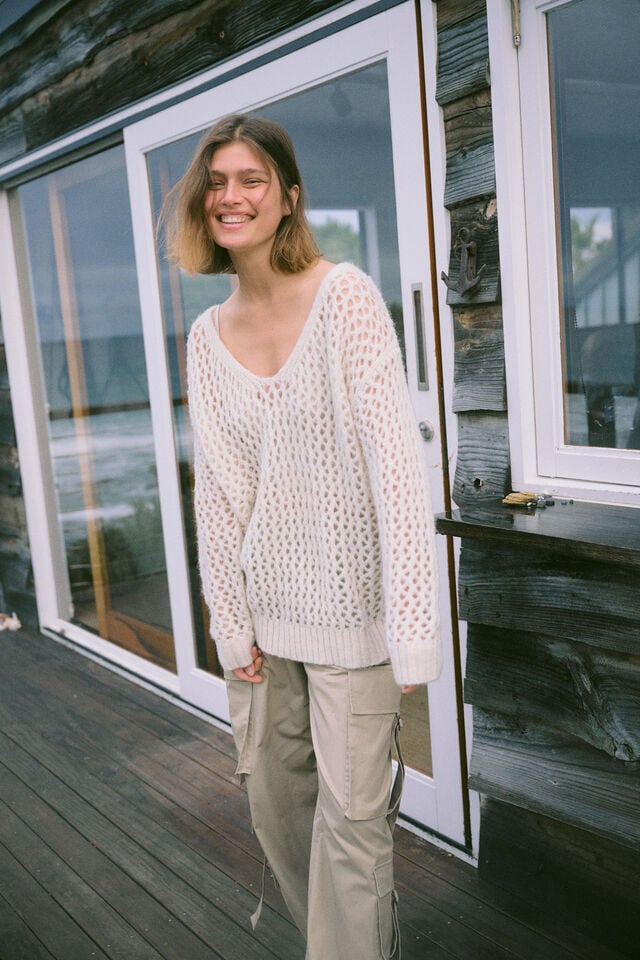 Open Knit Oversized Off Shoulder, PORCELAIN