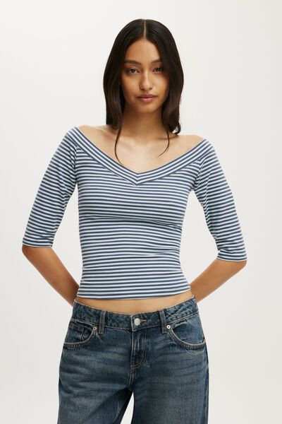 Bella Off Shoulder V Neck 3/4 Tee, MADI STRIPE COLLEGIATE NAVY/ICED MARINE