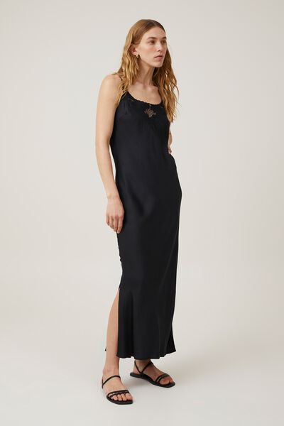Willa Cutwork Slip Midi Dress, BLACK