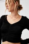 Bowie Rouched Front Long Sleeve Top, BLACK
