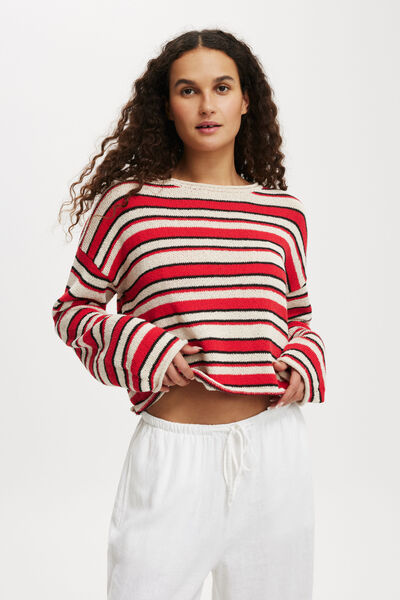 Roll Over Boat Neck Pullover, FIREY RED STRIPE