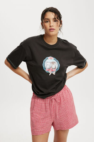 The Boxy Graphic Tee, DOILY KITTIES/WASHED BLACK