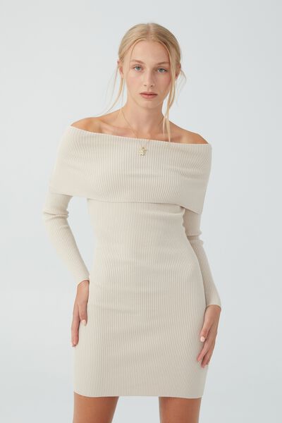 Off The Shoulder Knit Mini Dress, CLOUD WHITE