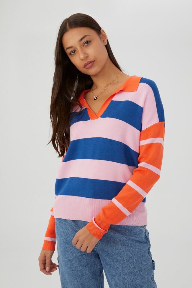 Camiseta - Long Sleeve Stripe Knit Polo, VICTORIA STRIPE /DOPAMINE NAVY/PINK/HAPPY ORA