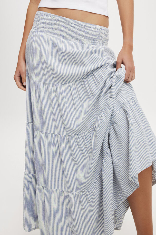 Saia - Haven Shirred Waist Maxi Skirt, GIGI STRIPE ELEMENTAL BLUE