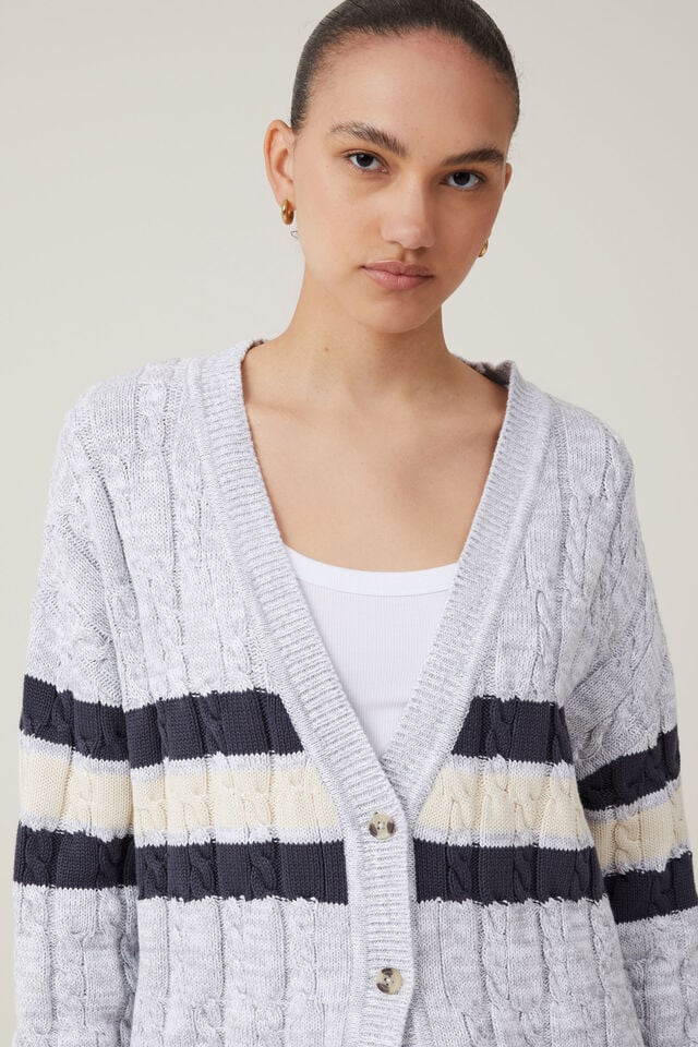Heritage Stripe Cable Cardigan, CHARCOAL/STRIPE