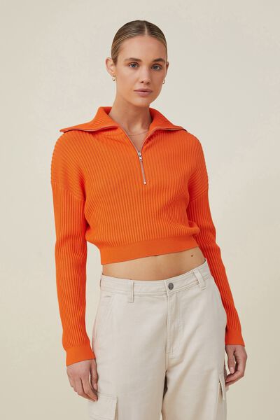 Crop Rib Zip Collar Sweater, FIERY ORANGE