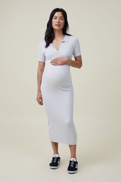 Maternity Friendly Polo/Collar Dress, SHADOW GREY MARLE