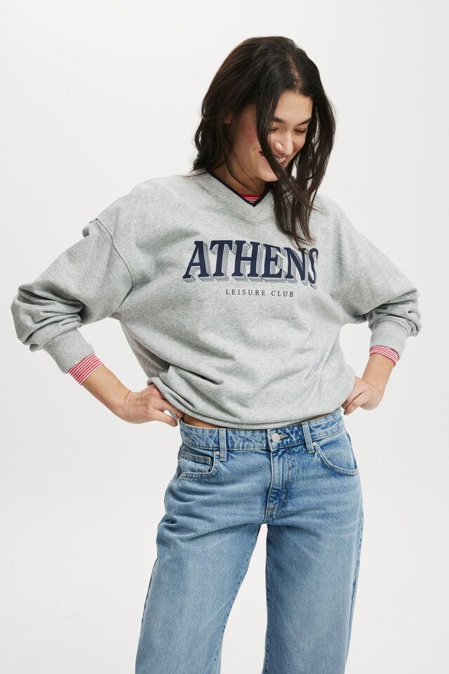 Classic Fleece Graphic V Neck Sweatshirt, ATHENS/LIGHT GREY MARLE