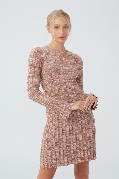 Twist Knit Long Sleeve Mini Dress, VINTAGE BROWN TWIST