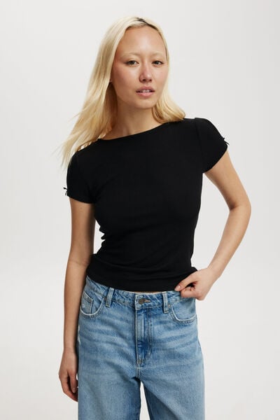 Bow Detail Short Sleeve Top, BLACK