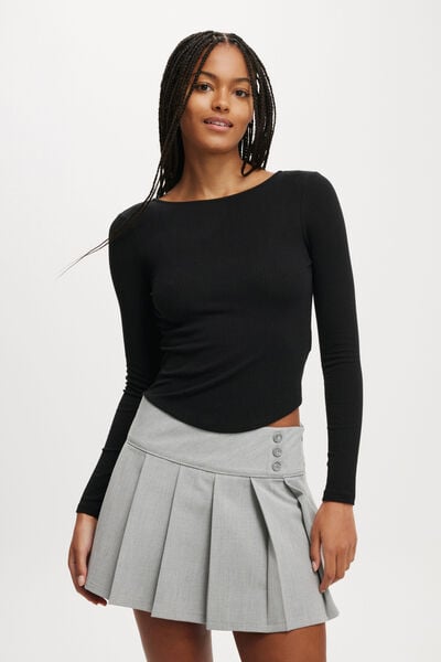 Sasha Pointelle Low Back Long Sleeve Top, BLACK