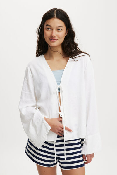 Haven Tie Front Longsleeve Top, WHITE