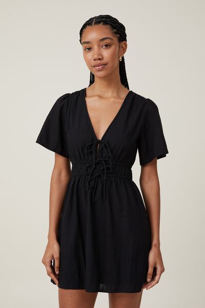 Hazel V Neck Mini Dress, BLACK