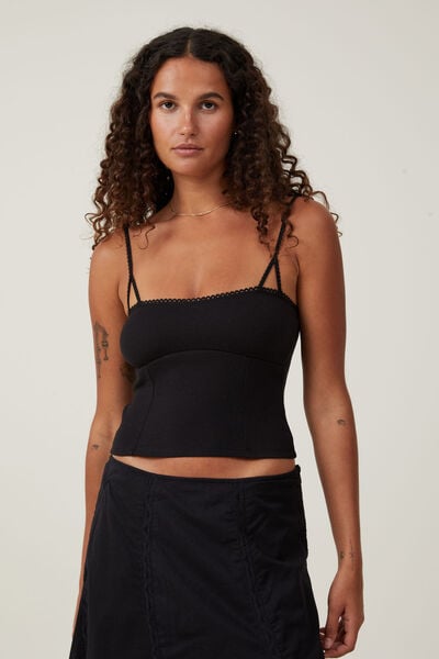 Sally Picot Trim Cami, BLACK