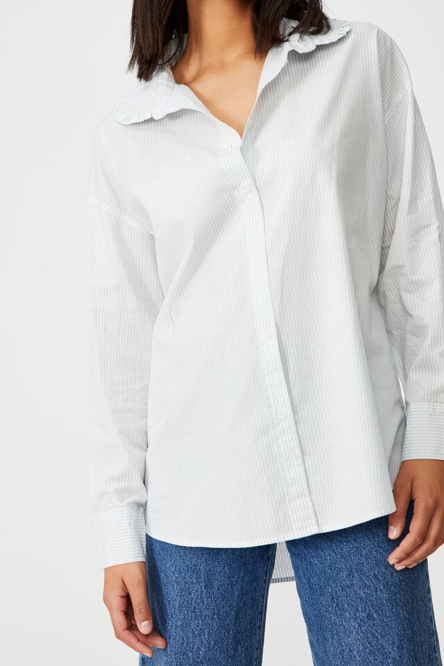Lily Frill Collar Long Sleeve Shirt, POLLY PINSTRIPE SUNFADED DENIM