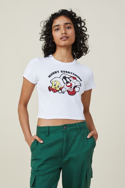 Micro Fit Rib Graphic Christmas Tee, LCN WB LOONEY TUNES MERRY EVERYTHING/WHITE