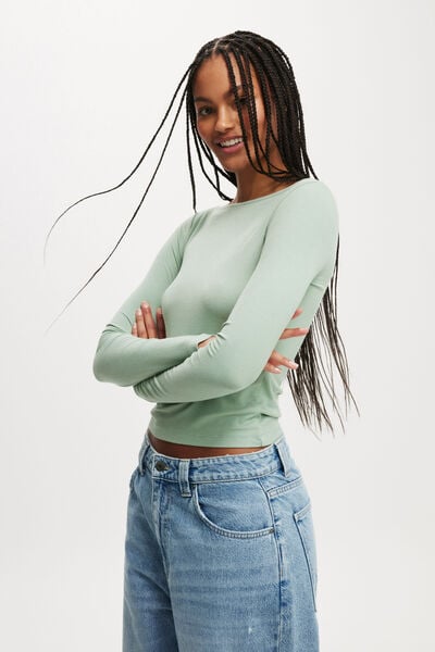 Staple Rib Boat Neck Long Sleeve Top, SOFT JADE