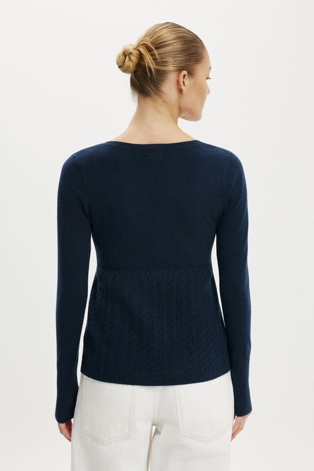 Ls Babydoll Button Through Knit, SHADOW NAVY