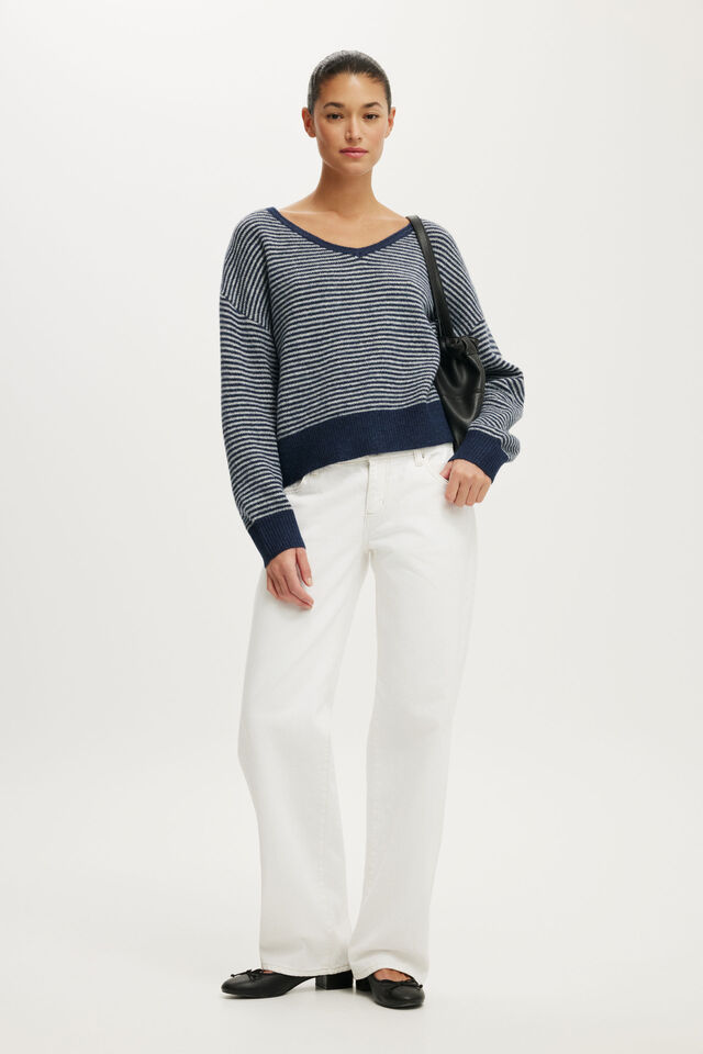 Softest Luxe  Slouchy V Knit, SHADOW NAVY GREY MARLE STRIPE