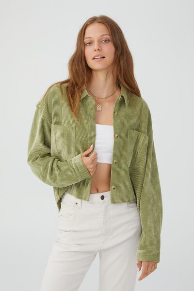 Cropped Cord Shacket, SOFT GREEN