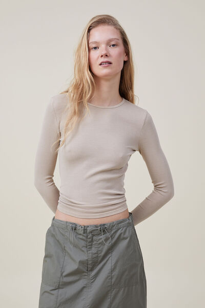 The One Organic Rib Crew Long Sleeve Top, WASHED MID TAUPE