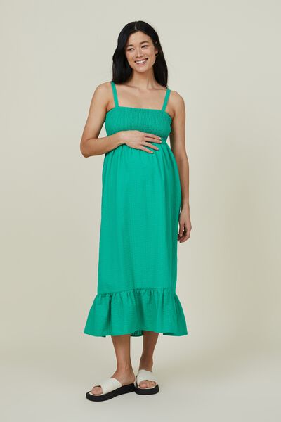 Maternity Friendly Shirred Midi Dress, BRIGHT GREEN