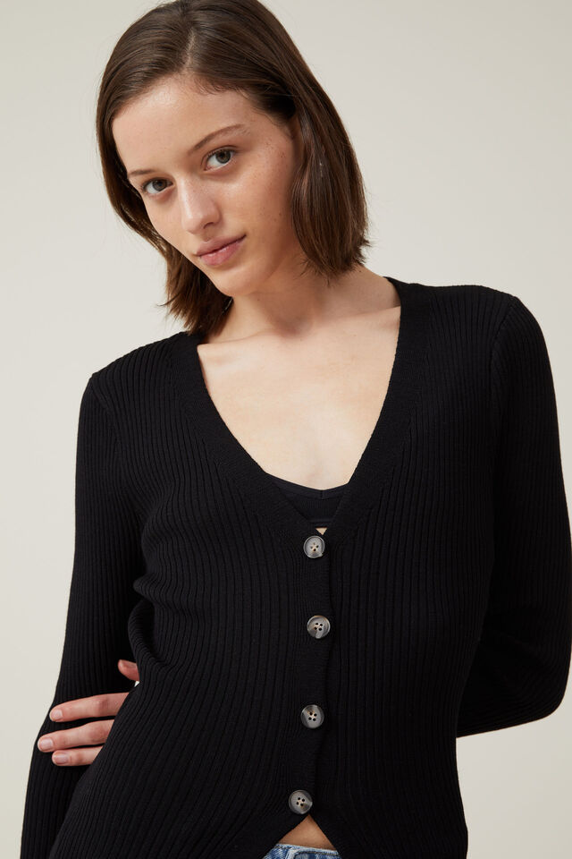 Vestido - Button Through Knit Midi Dress, BLACK