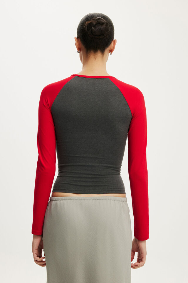 Everyday Smooth Raglan Long Sleeve, CHARCOAL MARLE/RED PETAL
