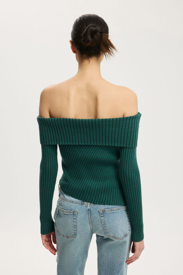 Asym Rib Off Shoulder Knit, EVERGREEN