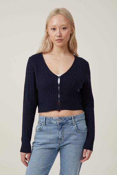 Everfine Crop V Neck Button Cardigan, WINTER NIGHT CABLE
