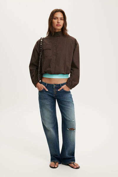 Chloe Funnel Neck Shirt, KYLIE PINSTRIPE DARK OAK