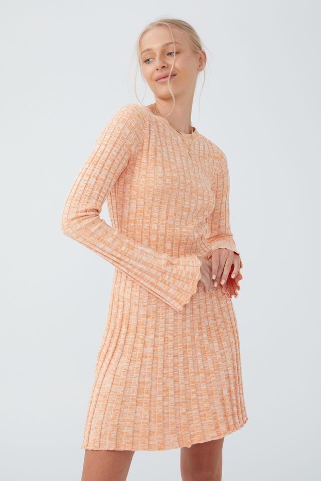 Twist Knit Long Sleeve Mini Dress, CORAL TWIST