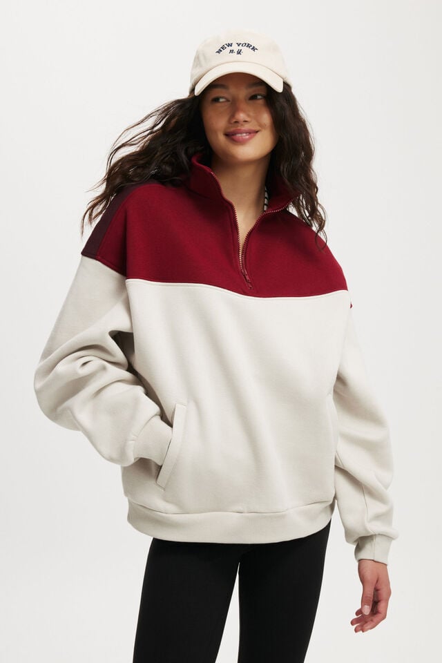 Panelled Quarter Zip Sweat, SANGRIA / LIGHT STONE