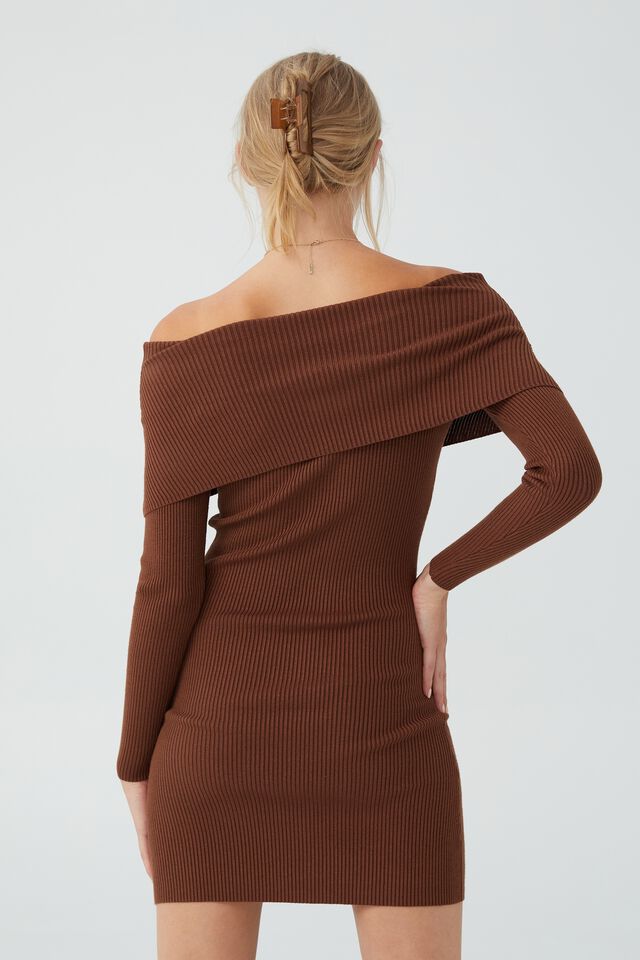Off The Shoulder Knit Mini Dress, DESERT BROWN