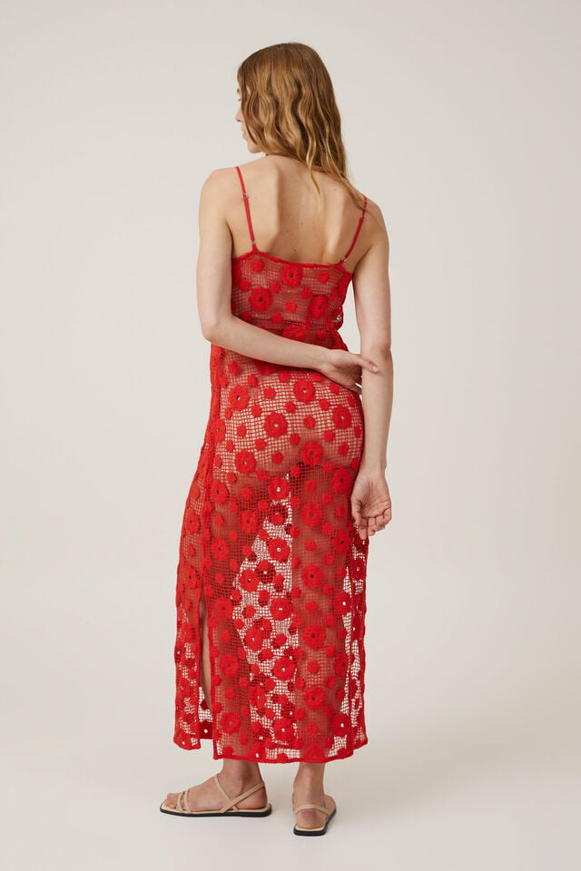 Flower Crochet Maxi Dress, SUMMER RED