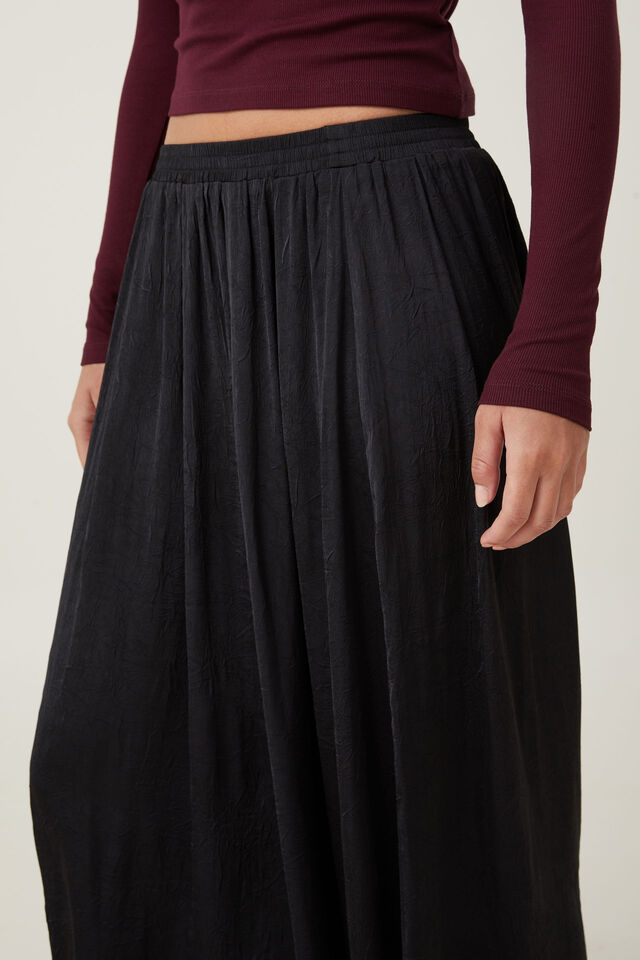 Sage Crushed Satin Maxi Skirt, BLACK
