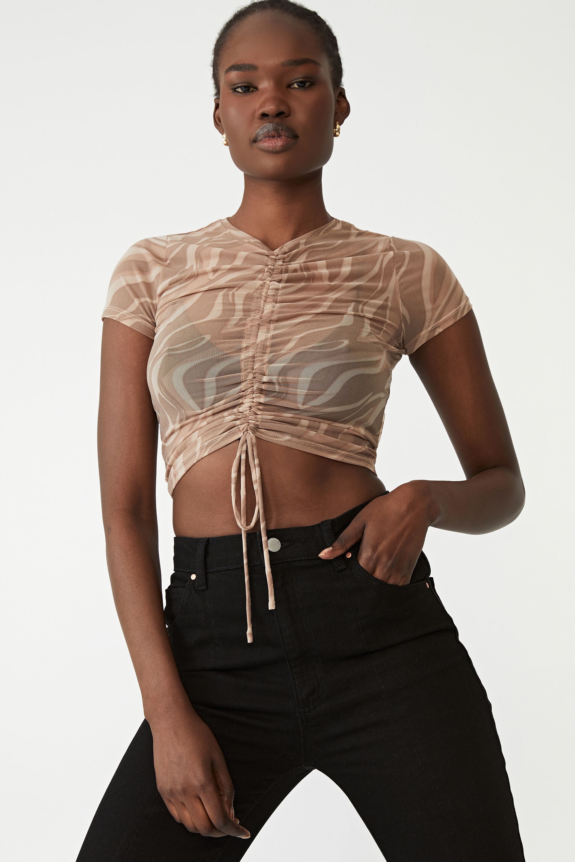 Women Tops | Peggy Mesh Rouched Front Short Sleeve Top - AR90298