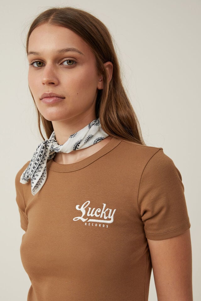 Fitted Rib Graphic Longline Tee, LUCKY RECORDS/ PINECONE