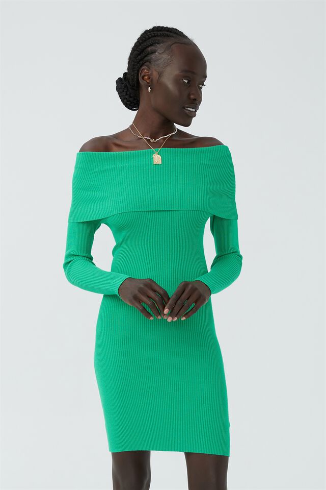 Off The Shoulder Knit Mini Dress, BRIGHT GREEN