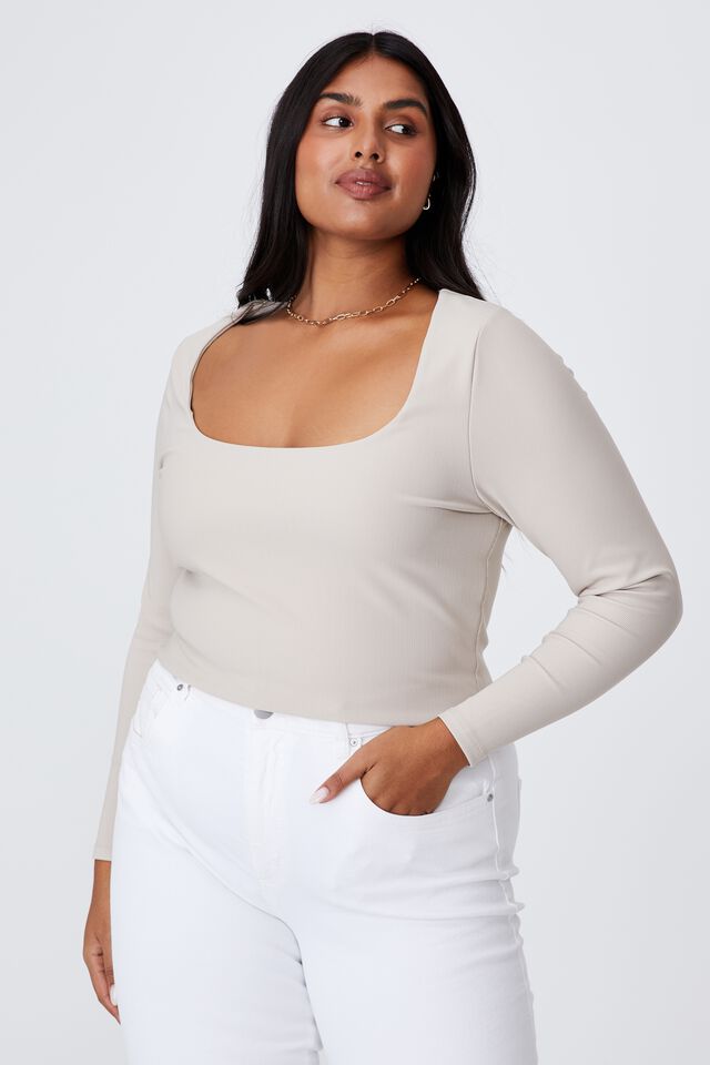 Curve Quinn Square Neck Long Sleeve Top, TAUPE